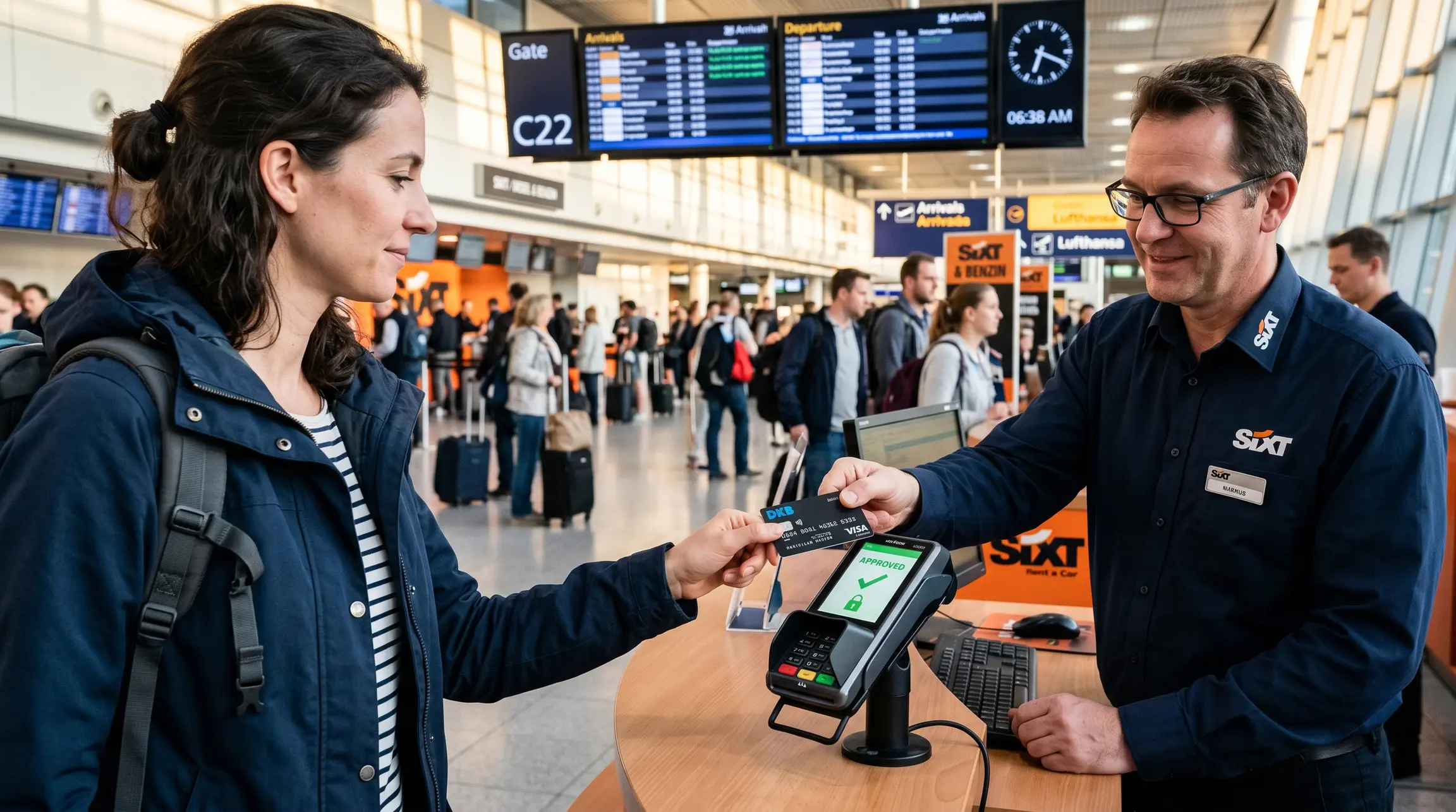 Ein Reisender übergibt seine Visa-Kreditkarte der DKB am Mietwagenschalter, um die Kaution zu hinterlegen.